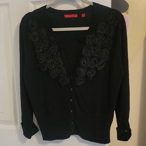 RED SzLG Elegant Black Cardigan with Floral applique Details